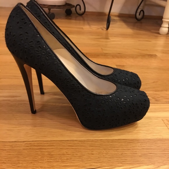 Brian Atwood Black Leather Pumps Covered in Eyelet - Picture 1 of 8